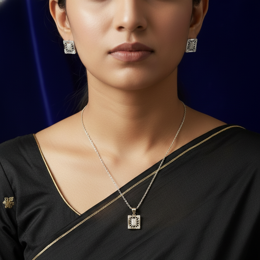 The Radiant Square Sterling Silver Pendant and Earring Set (FREE 925 PENDANT CHAIN)
