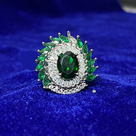 Emerald Radiance Halo Ring – 925 Sterling Silver Hallmarked