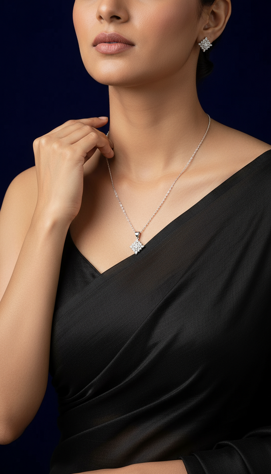 Frosted Bloom Hallmarked 925 Silver Pendant and Earrings set (FREE 925 PENDANT CHAIN)